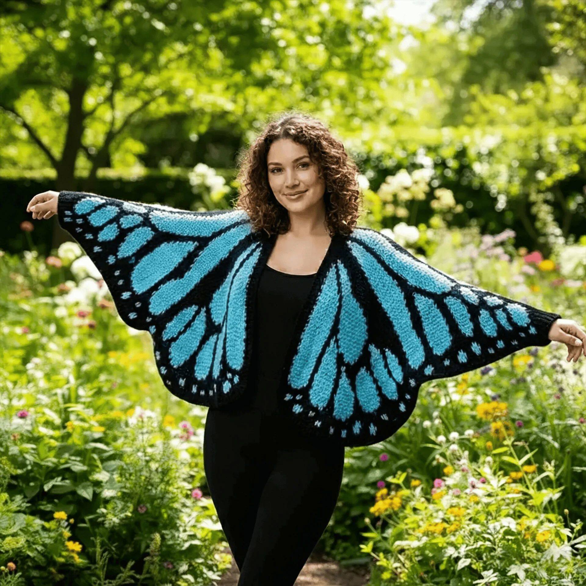 拼色蝴蝶针织披肩开衫女Color blocked butterfly shawl cardigan