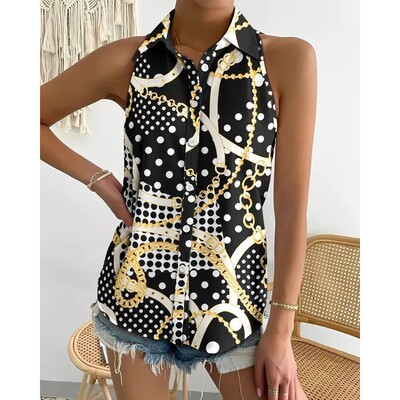 露肩无袖印花衬衫Off shoulder sleeveless printed collar shirt