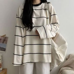 round pullover neck sleeved top条纹圆领套头上衣 long Striped