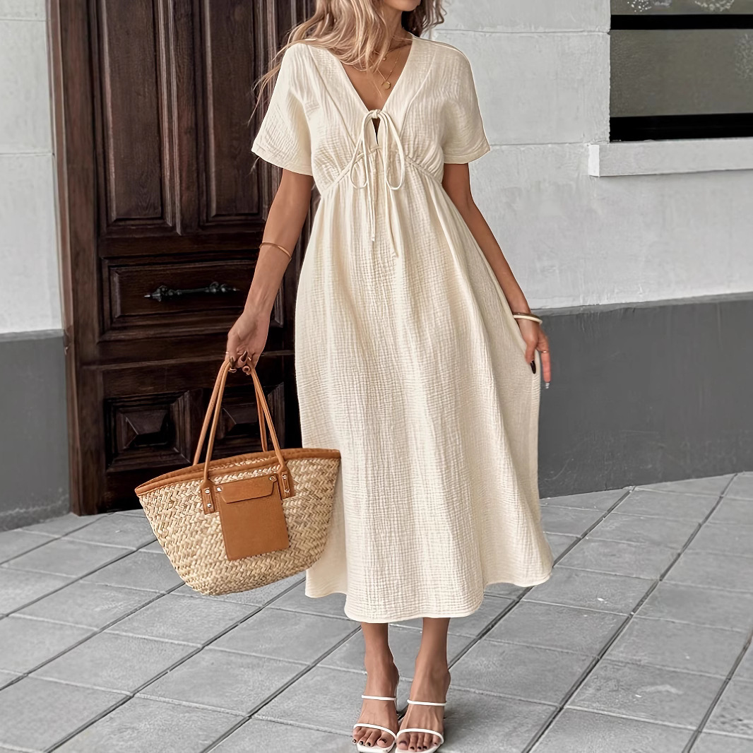 Loose low V-neck long lace up dress女宽松低V领长款系带连衣裙