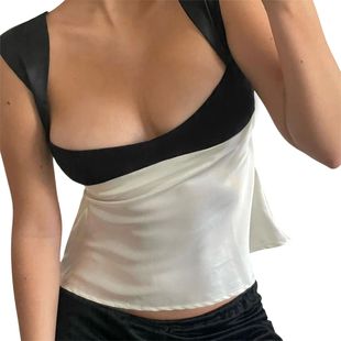 color backless Contrast sleeveless 露背上衣 top 撞色方领无袖