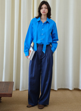 Herz墨蓝色羊毛宽松长裤垂感男女同款休闲直筒裤通勤西装裤原创
