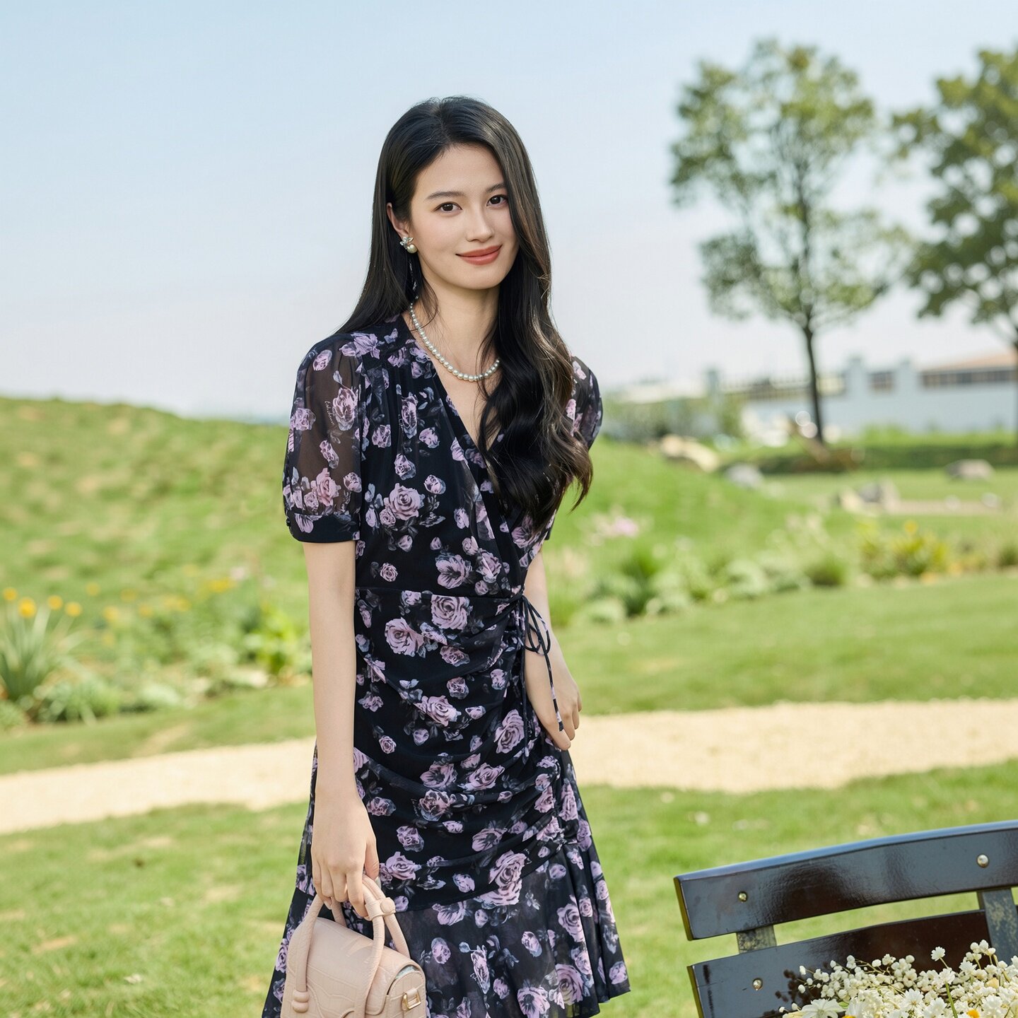 EAH CHANIE奕辰印花连衣裙子女款2026新款气质轻熟风穿搭抽褶短裙