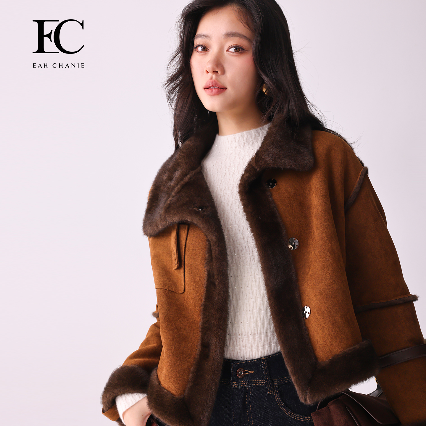 奕辰毛绒拼接翻领短款长袖外套