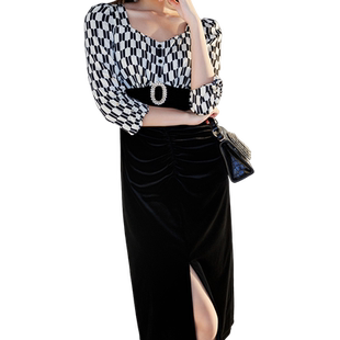 【清仓】EC奕辰秋季新款拼接丝绒连衣裙复古高级感收腰礼服长裙子