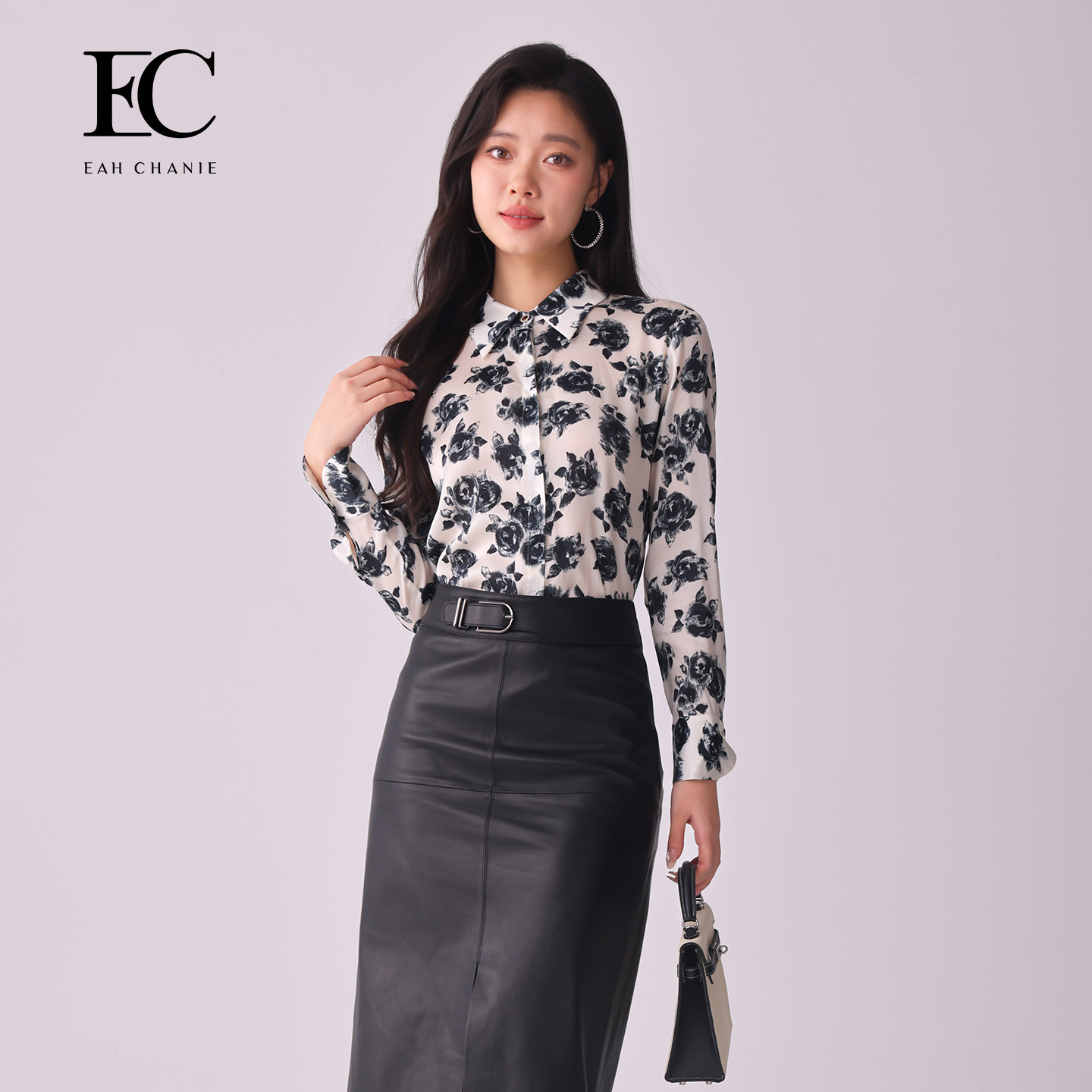 奕辰玫瑰剪影印花翻领长袖衬衫