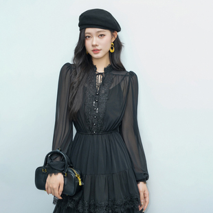 EAH CHANIE奕辰秋季连衣裙长袖收腰雪纺蕾丝高端裙子女款2026新款