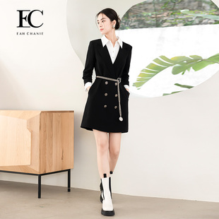 连衣裙假两件翻领衬衣领通勤外套裙子 奕辰纯色简约西装 清仓