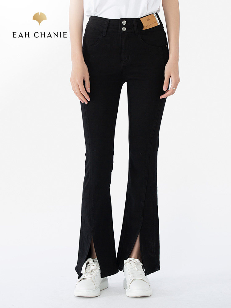 eahchanie奕辰黑色高腰显瘦长款紧身牛仔裤拖地通勤微喇长裤子女