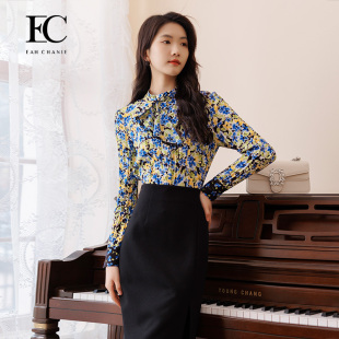 度假风衬衫 新款 荷叶边浪漫碎花雪纺上衣eahchanie 奕辰秋季 EC女装