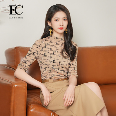 奕辰老花短袖针织上衣