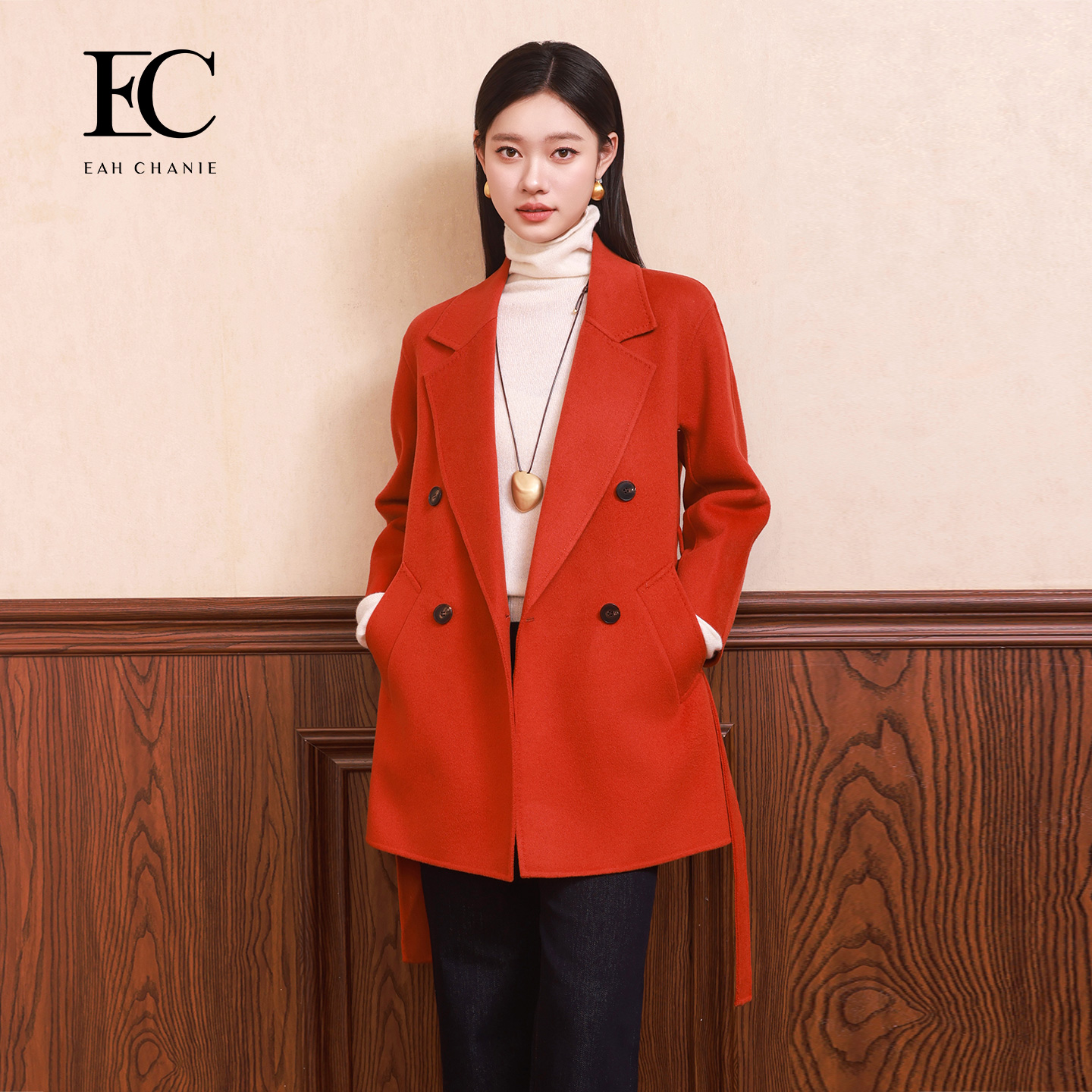 奕辰绵羊毛双排扣翻领双面呢大衣