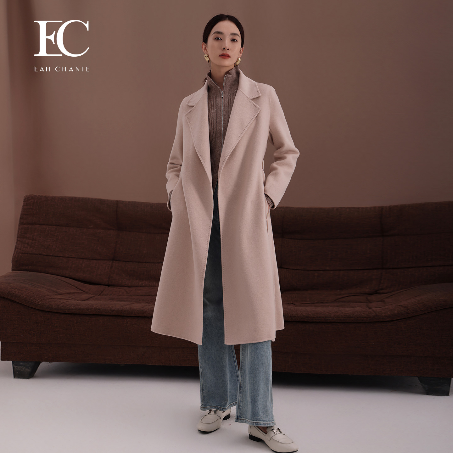 奕辰绵羊毛长款系带双面呢大衣