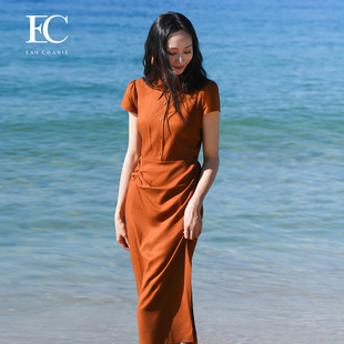 【焦糖晨曲】奕辰2025夏季新款莱赛尔翻领连衣裙捏褶收腰中长裙女