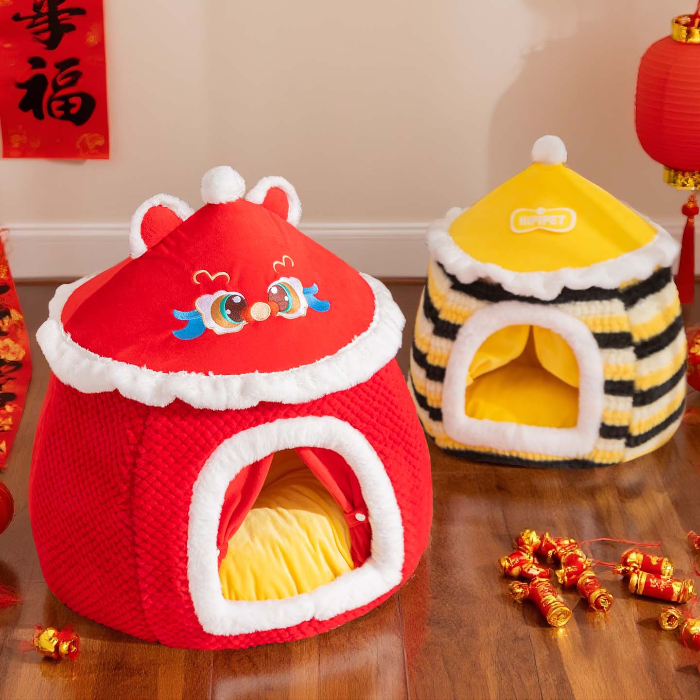 猫窝冬季加厚保暖蒙古包新年喜庆宠物窝圆窝中小型犬泰迪宠物用品