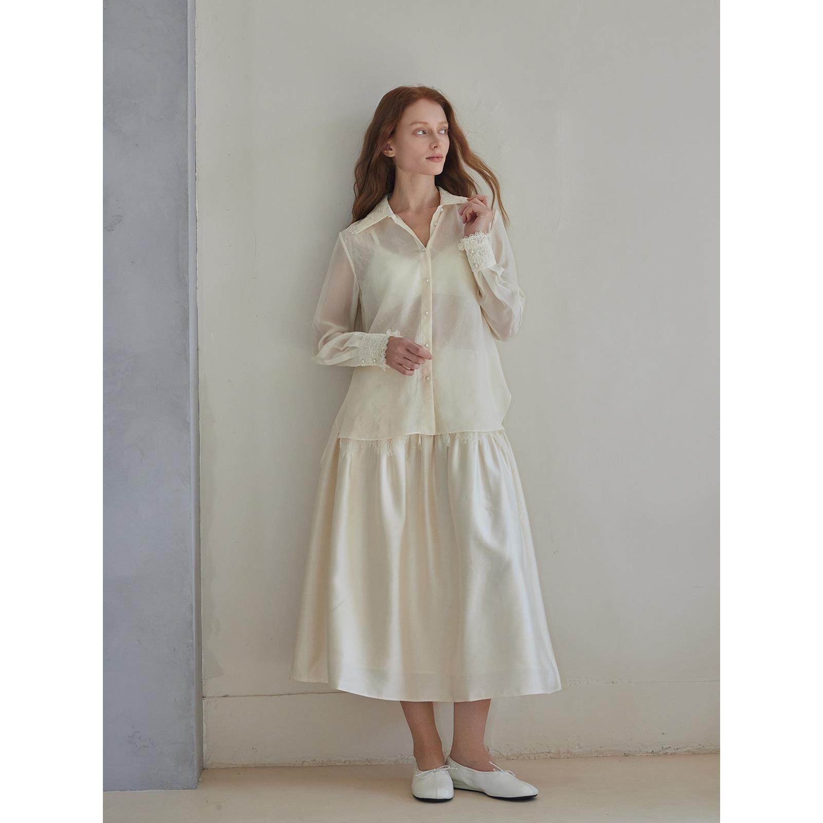 THEEASE舒适派桑蚕丝衬衫雪纺纱蕾丝边微透高级感优雅女长袖上