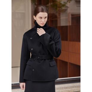 THEEASE舒适派15.5微米小山羊绒大衣斜门襟束腰显瘦黑色短款 风衣