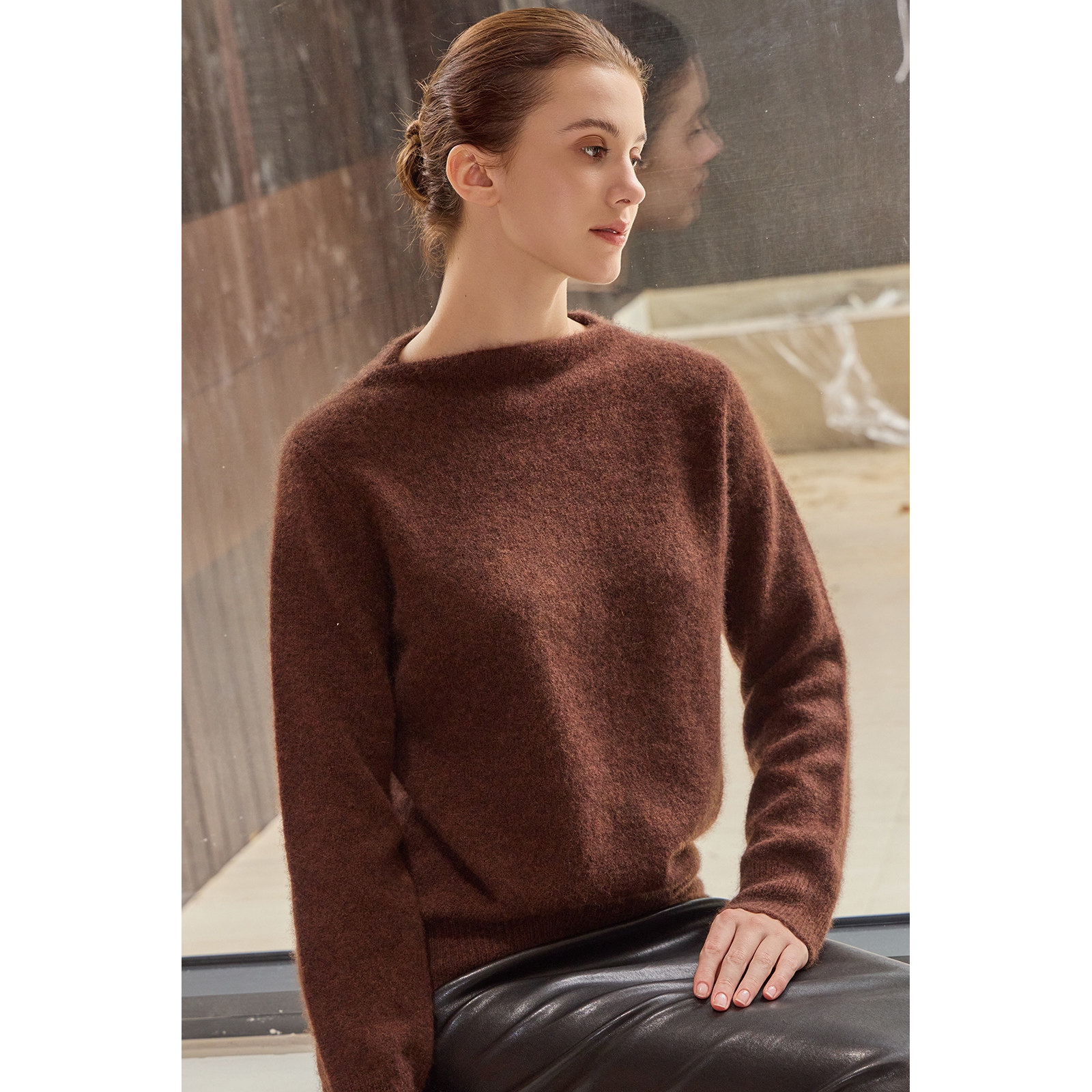 THEEASE舒适派招牌康宝莱拉毛纱针织衫一字领长袖女纯山羊绒毛