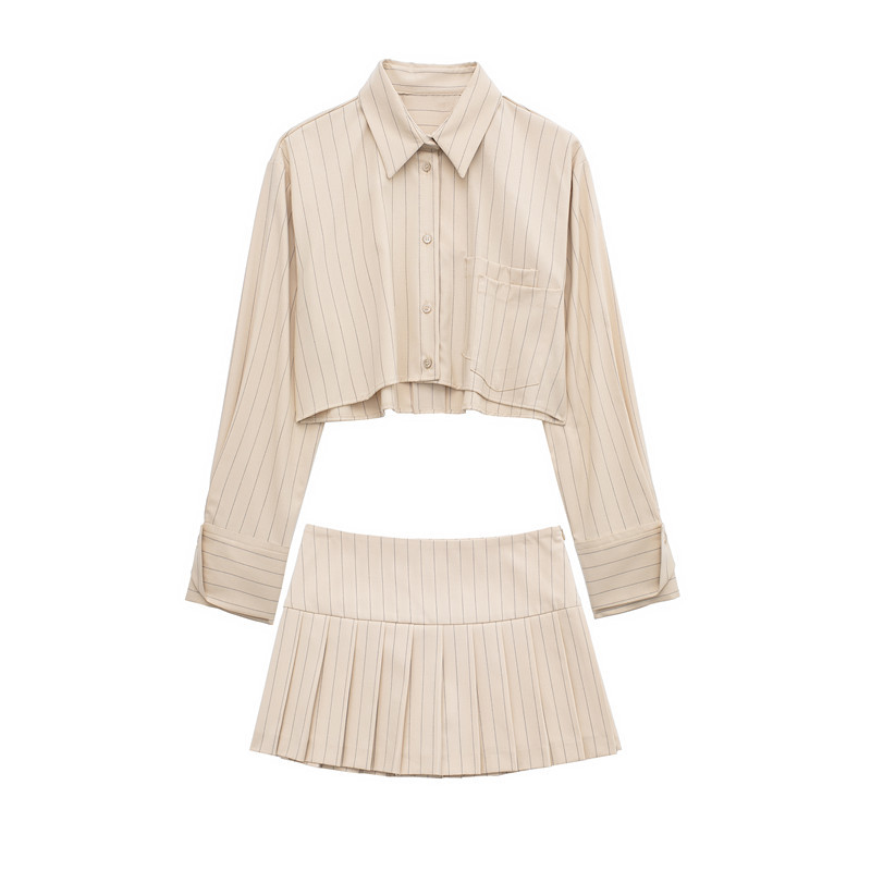 Striped shirt pleated pant skirt欧美风条纹衬衫宽褶裤裙套装女 女装/女士精品 时尚套装 原图主图