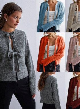 Solid color lace-up cardigan looser 纯色系带开衫宽松短款毛衣