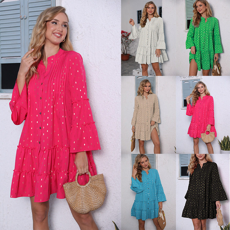 Print and gold loose dress 印花烫金压褶喇叭袖宽松连衣裙女,女装/女士精品,连衣裙,淘宝优惠券,粉丝福利购,淘宝优惠卷