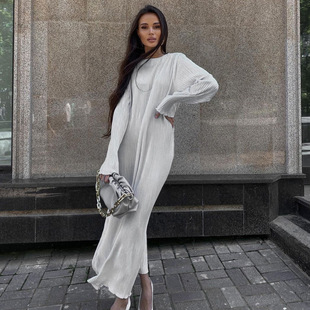 氣質連衣裙百褶圓領長袖 slim longsleeved dress 顯瘦長裙Pleated