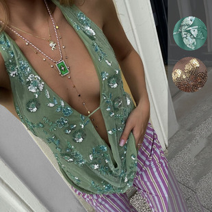 挂脖无袖 Sexy top夏女装 sequined T恤性感露背亮片V领上衣 halter