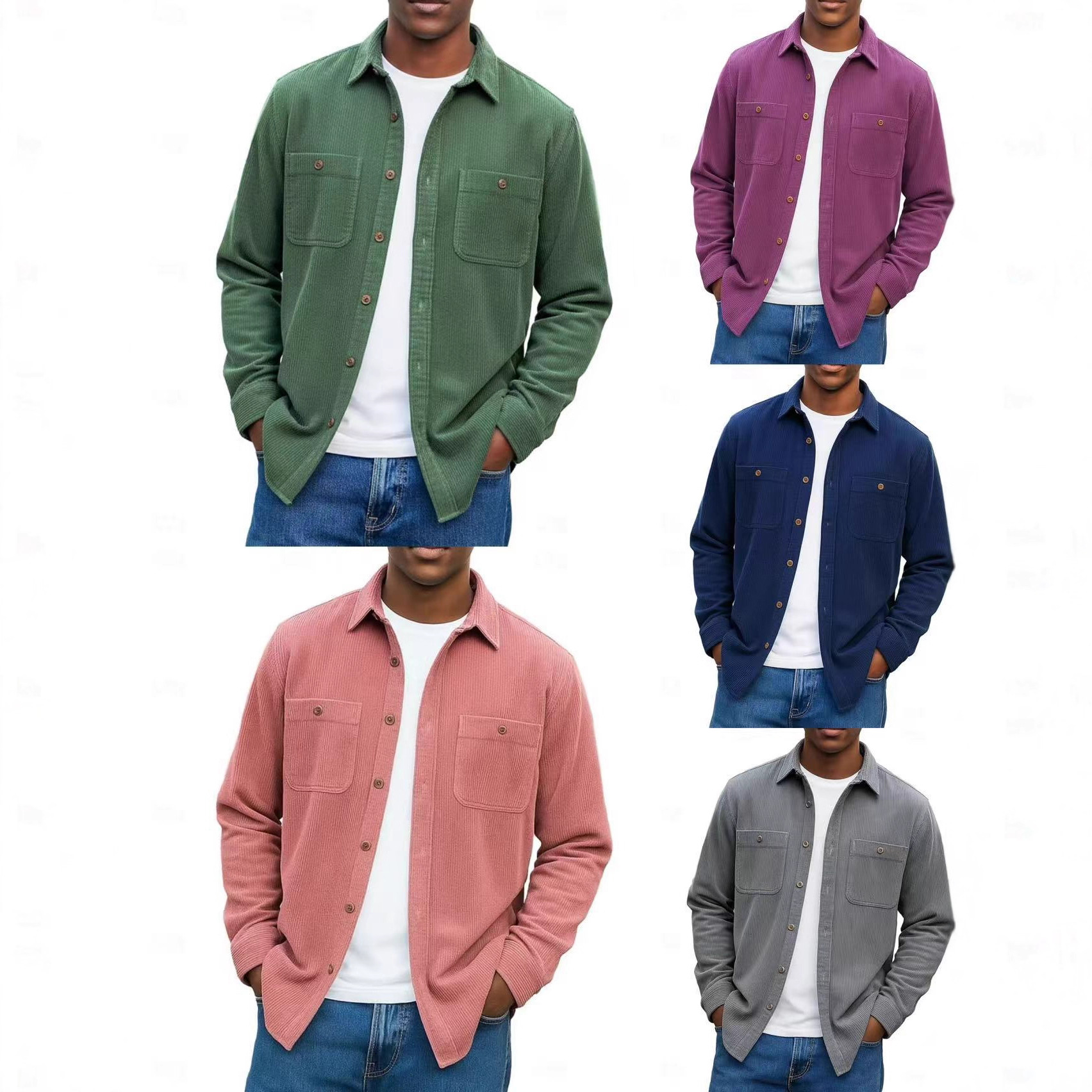 纯色灯芯绒双口袋长袖休闲衬衫