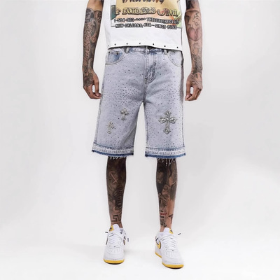 直筒烫钻五分裤男牛仔短裤克罗伈