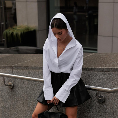 棉质白色长袖连帽衬衫开衫上衣