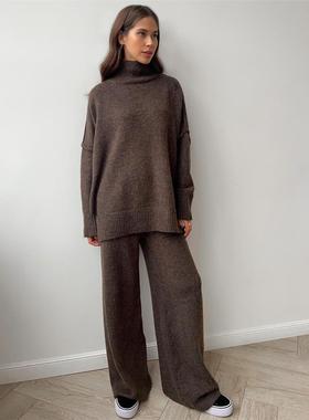 Turtleneck and knitted pantsuit 慵懒高领毛衣加厚针织长裤套装