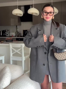 Loose suit ladys woolen coat女装翻领宽松气质通勤西服毛呢外套