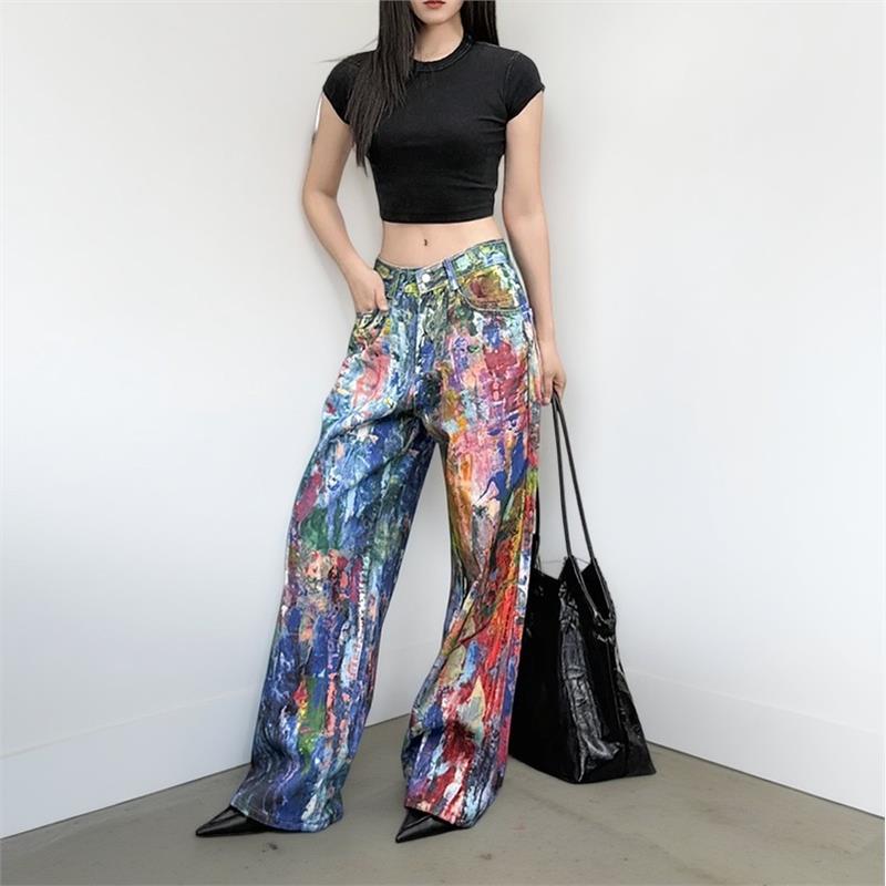 泼墨大码牛仔裤女嘻哈阔腿拖地