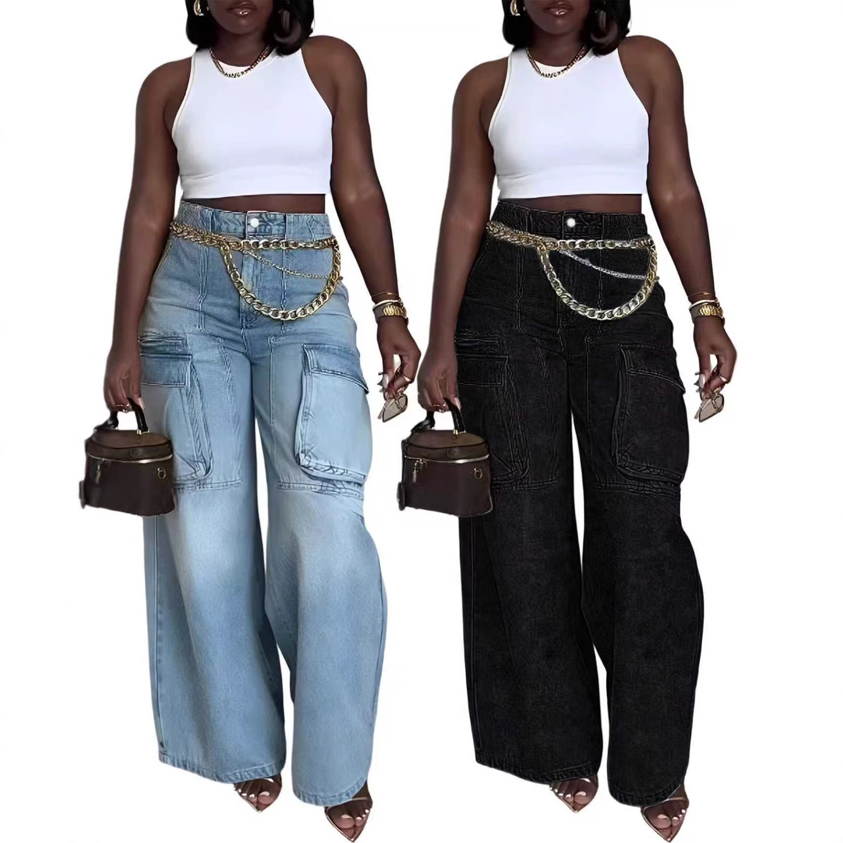 Women's workwear cargo pocket jeans 街头女装工装口袋牛仔裤子
