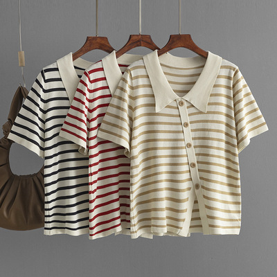 宽松显瘦条纹针织短袖短袖上衣