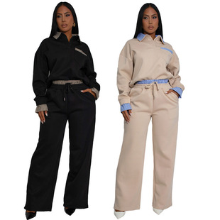 Jacket, shirt and sweatpants set拼接上衣翻领休闲裤运动套装女