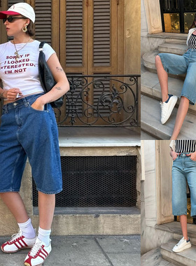 Washed loose denim midget women 跨境休闲水洗宽松牛仔中裤女