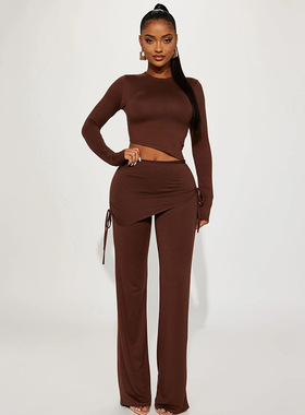 Irregular top drawstring culottes suit不规则上衣抽绳裙裤套装