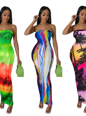 Colorful halter skirt wrap dress时尚女彩色吊带长裙裹胸连衣裙