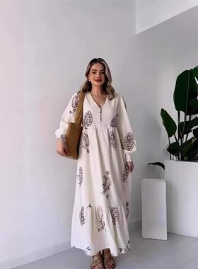 Maxi dress with long sleeves 春夏气质印花v字领长裙长袖连衣裙