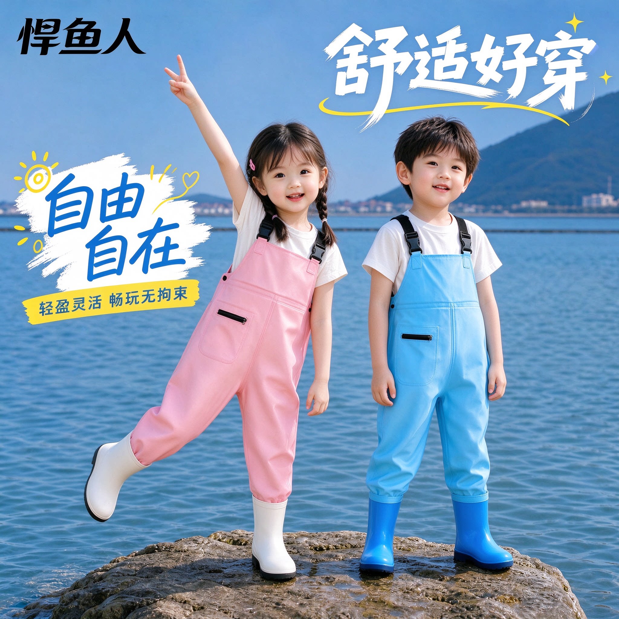 悍鱼人儿童下水裤赶海服小孩
