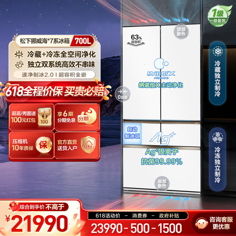 松下挪威海700L多门零嵌冰箱双系统纳诺怡除菌自动制冰 EW70MGA