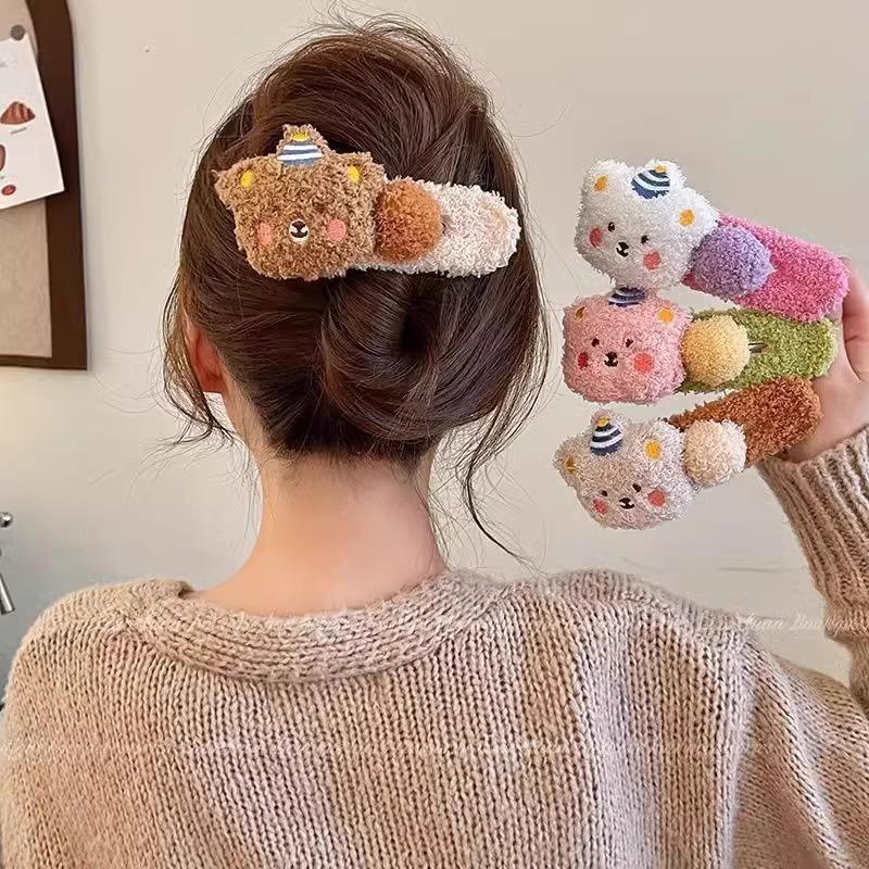 Large Autumn and Winter Fluffy Pudding Bear Hair Clip, Adora