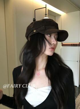 日系复古美拉德棕色麂皮平顶报童帽女秋冬英伦风八角画家帽棒球帽