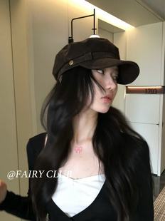 日系复古美拉德棕色麂皮平顶报童帽女秋冬英伦风八角画家帽棒球帽