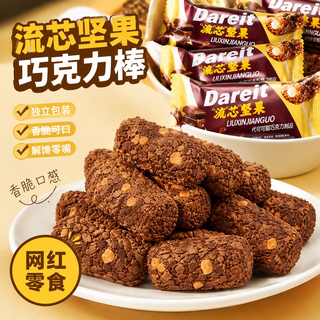 流芯坚果巧克力棒办公休闲早餐小零食酥脆夹心坚果棒休闲解馋零食