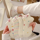 袜子女纯棉100%全棉防臭春秋薄款 10双 条纹短袜可爱少女潮流