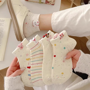袜子女纯棉100%全棉防臭春秋薄款 10双 条纹短袜可爱少女潮流