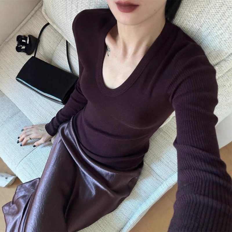 法式内搭紫色U领毛针织打底衫女秋冬穿搭短款毛衣修身长袖上衣