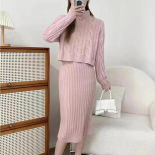 针织连衣裙两件套潮 长袖 麻花高领毛衣套装 女宽松加厚2024秋冬新款